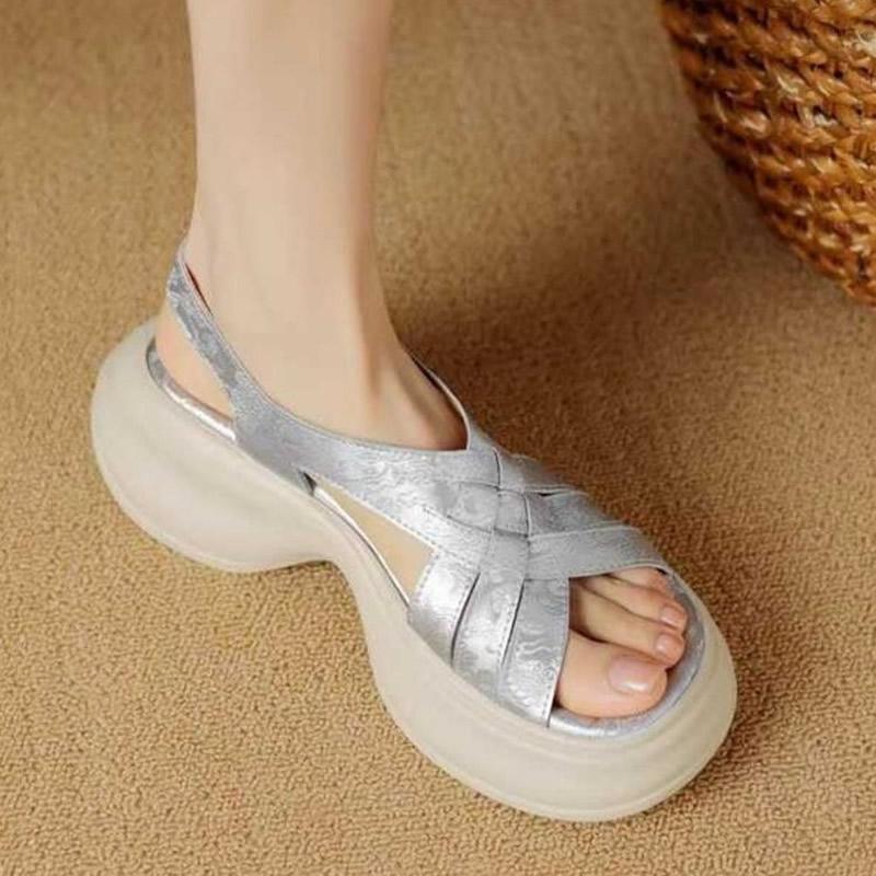 

Маффин Толстая подошва Открытый носок Пряжка сзади Ремешок на щиколотке Вся легкая обувь Удобные Нескользящие Износостойкие Женские сандалии 40 серебряный