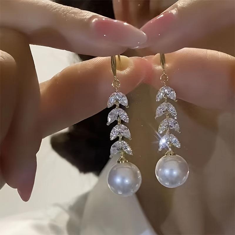 Elegant Sparkling Diamond & Faux Pearl Tassel Earrings