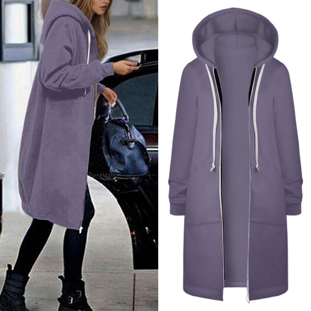 Women's Fashionable Solid Color Long Sleeved Pocket Long Hoodies Zipper Casual Coat Fall Jackets Sweatshirts Clothes