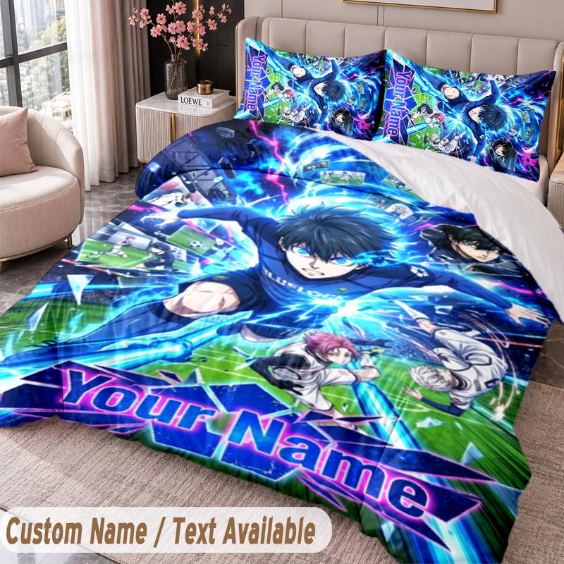 Custom Name Text 3Pcs Bedding Set Blue Lock Duvet Cover And Two Pillowcases