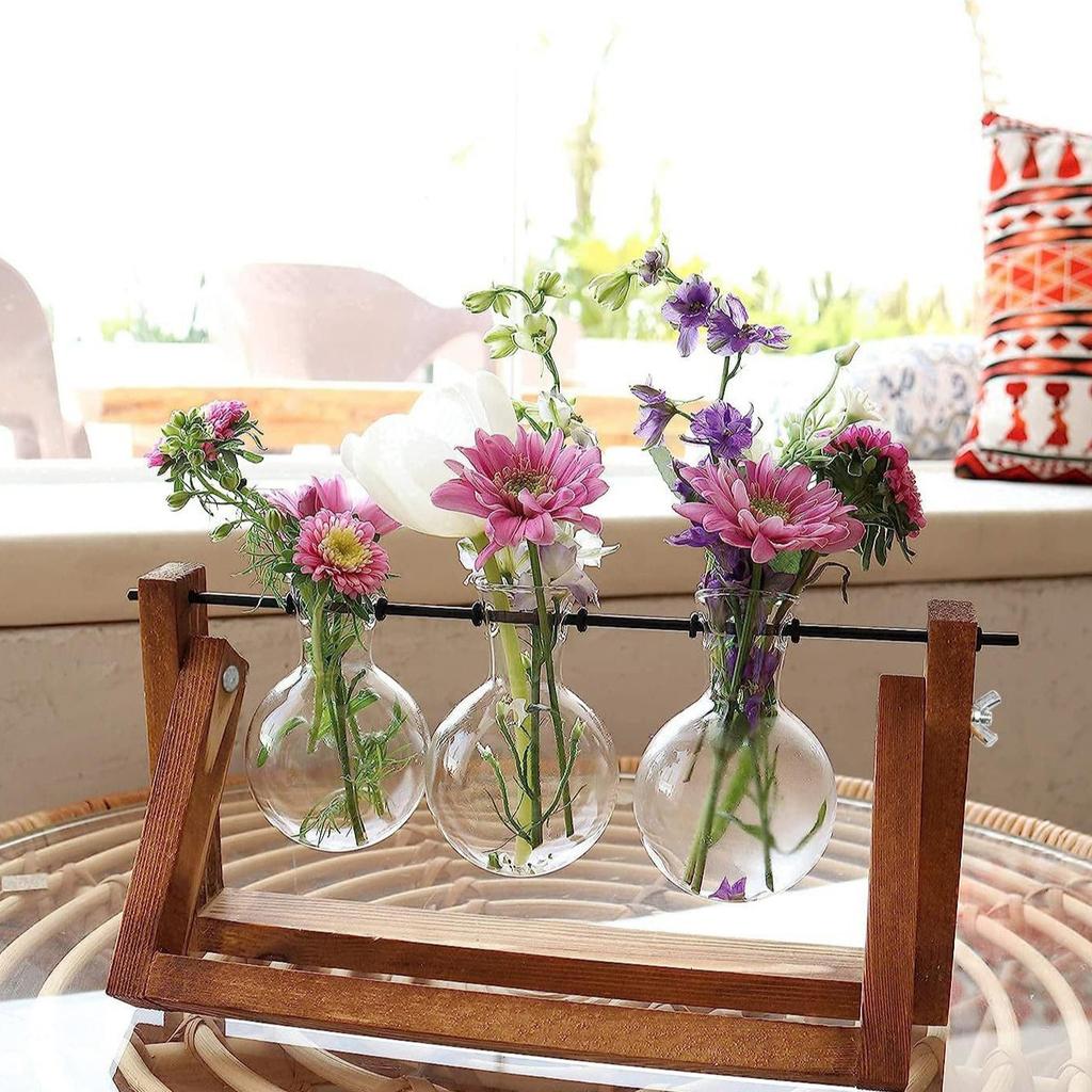 Creative Wooden Frame Hydroponic Glass Vase Ins Style Retro Green Ivy Plant Hydroponic Vessel Small Vase Desktop Decoration