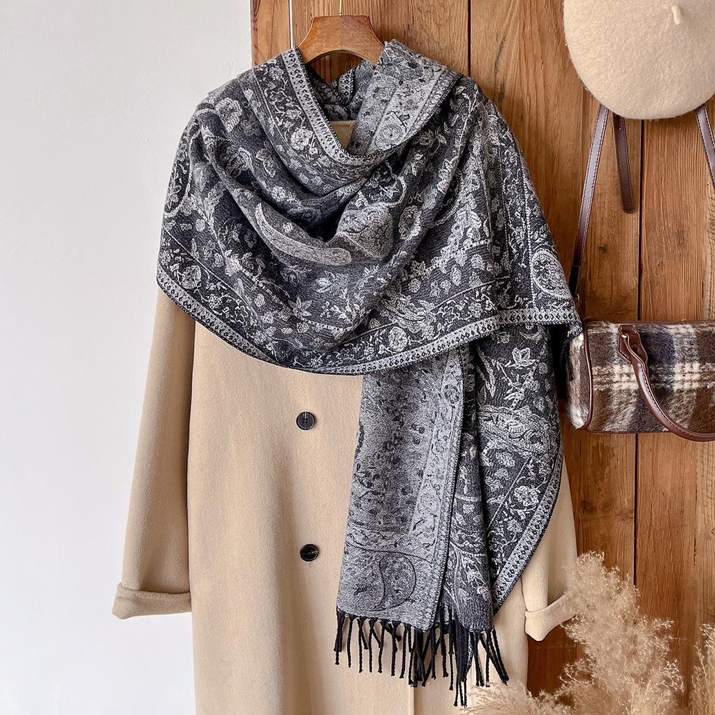 Women'S Winter Paisley Print Thick Pashmina Shawl Warm Long Tassel Scarf Poncho Stoles Cold-Proof National Style