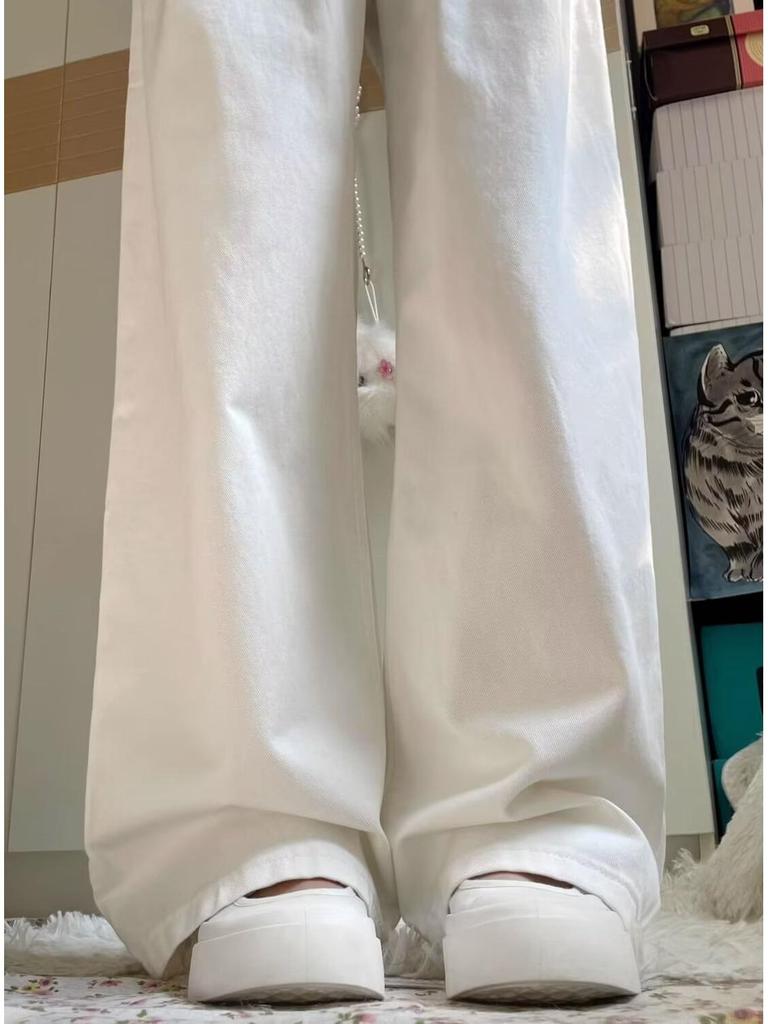 Women's White Wide-Leg Jeans, 2025 Spring/Summer, Pleated High-End, Loose Drapey Full-Length Pants.