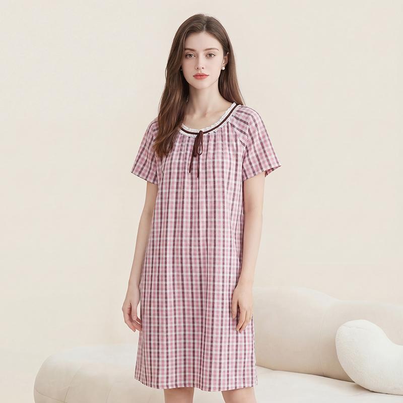 Fenteng [40 thread flat cotton] skin friendly plaid round neck short sleeved nightgown dress pajama women's and girls' skirt style