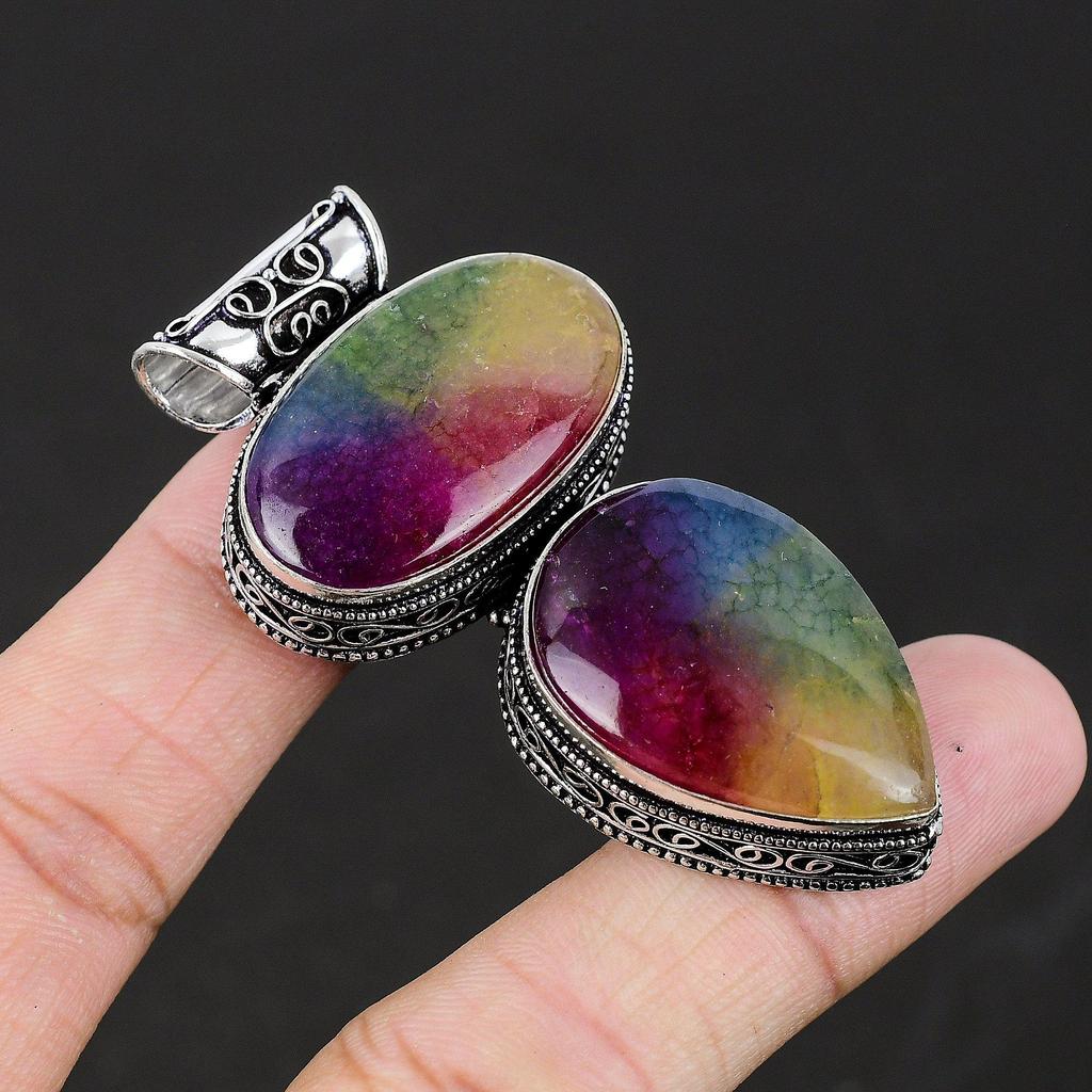 Rainbow Solar Quartz Gemstone Handmade 925 Sterling Silver Pendant Natural Gemstone Fix Loop Pendant Double Rainbow Solar Quartz Pendant
