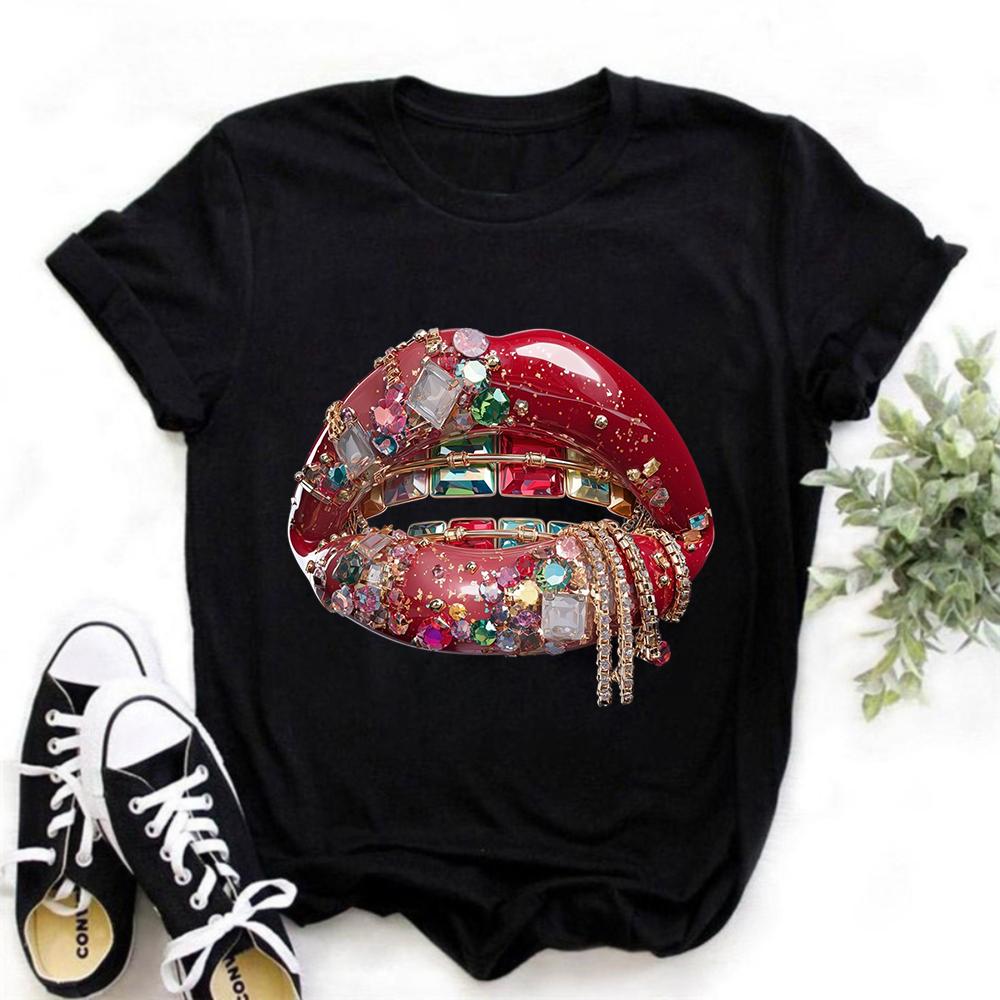 Vintage Jeweled Lips Print Crewneck Short Sleeve Unisex Casual Polyester Graphic T-shirt for Daily Streetwear