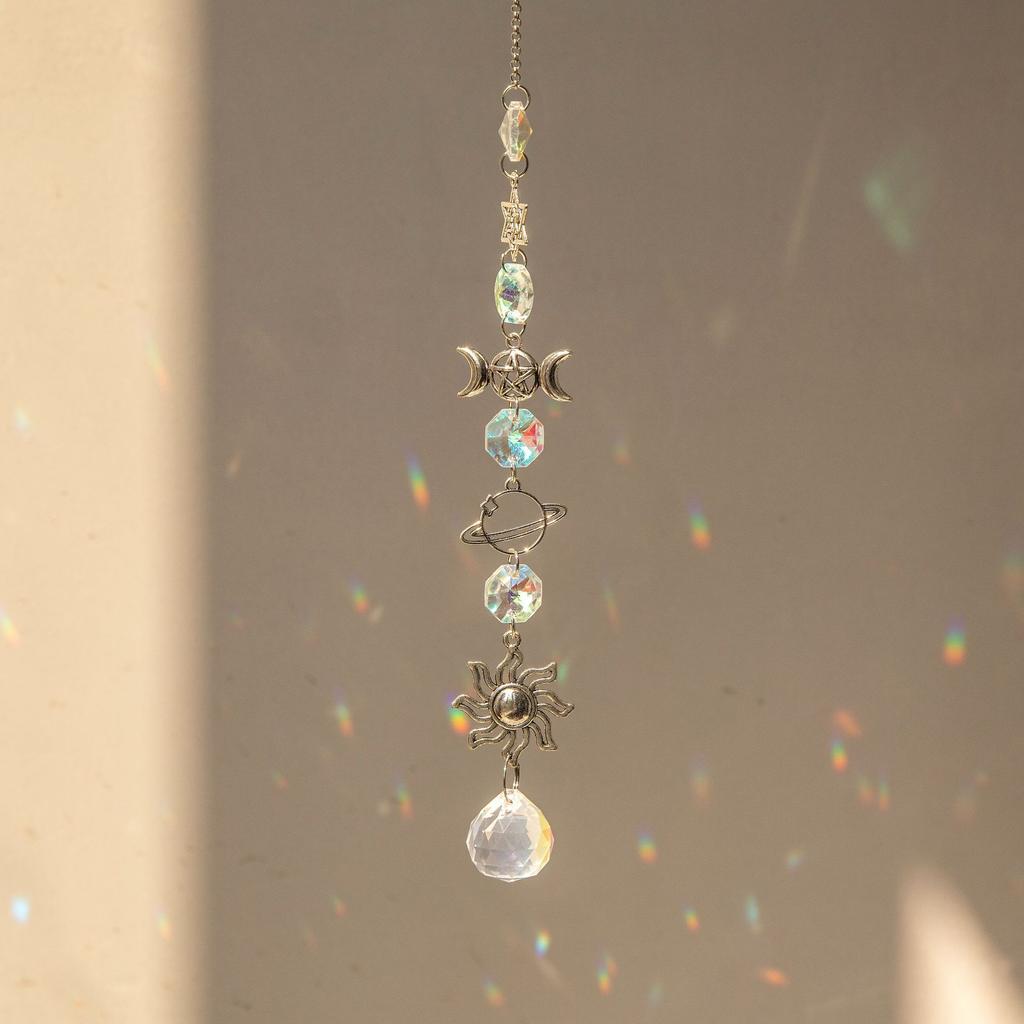 1PC Crystal Wind Chime with Moon Sun Catcher Diamond Prisms Dream Catcher Rainbow Pendant for Home Garden Decor
