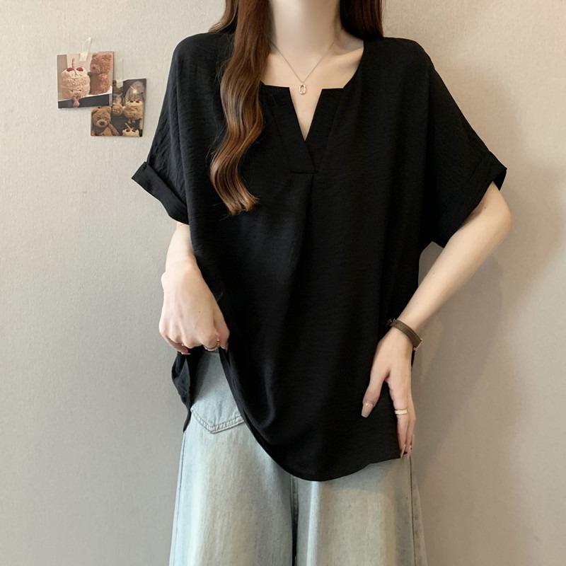 Women Casual V Neck Short Sleeve Loose Fit Solid Color Blouse