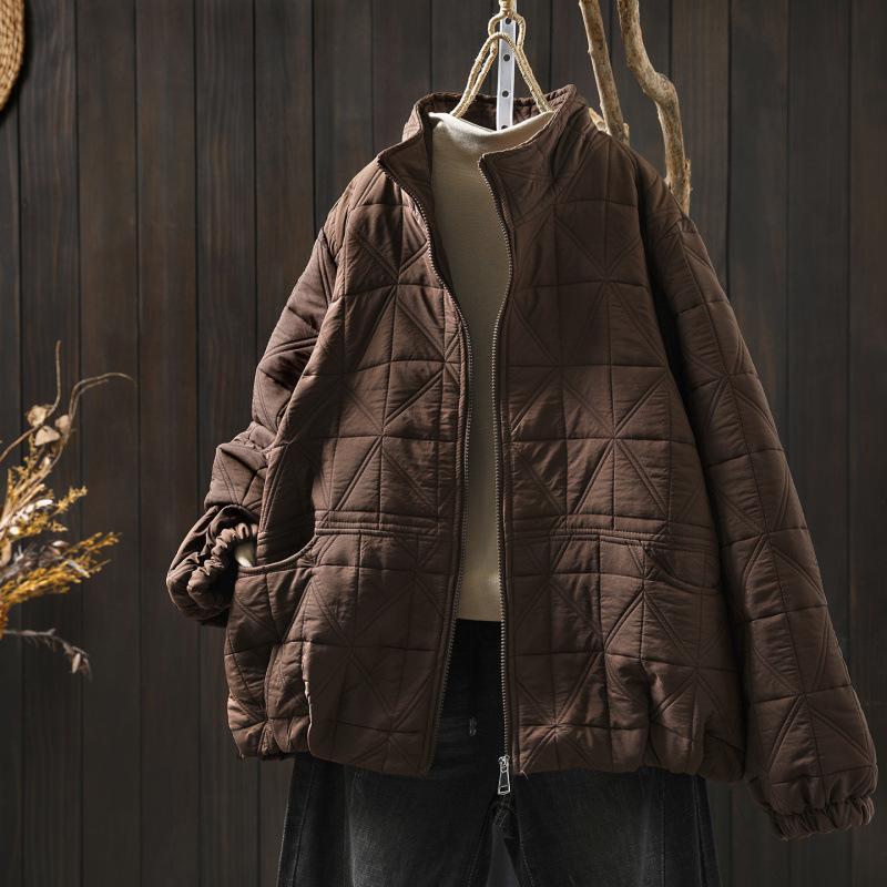 Johnature Women Vintage Winter Zipper Jackets Turtleneck Solid Color Long Sleeve Patchwork Pockets Casual Jackets Coats