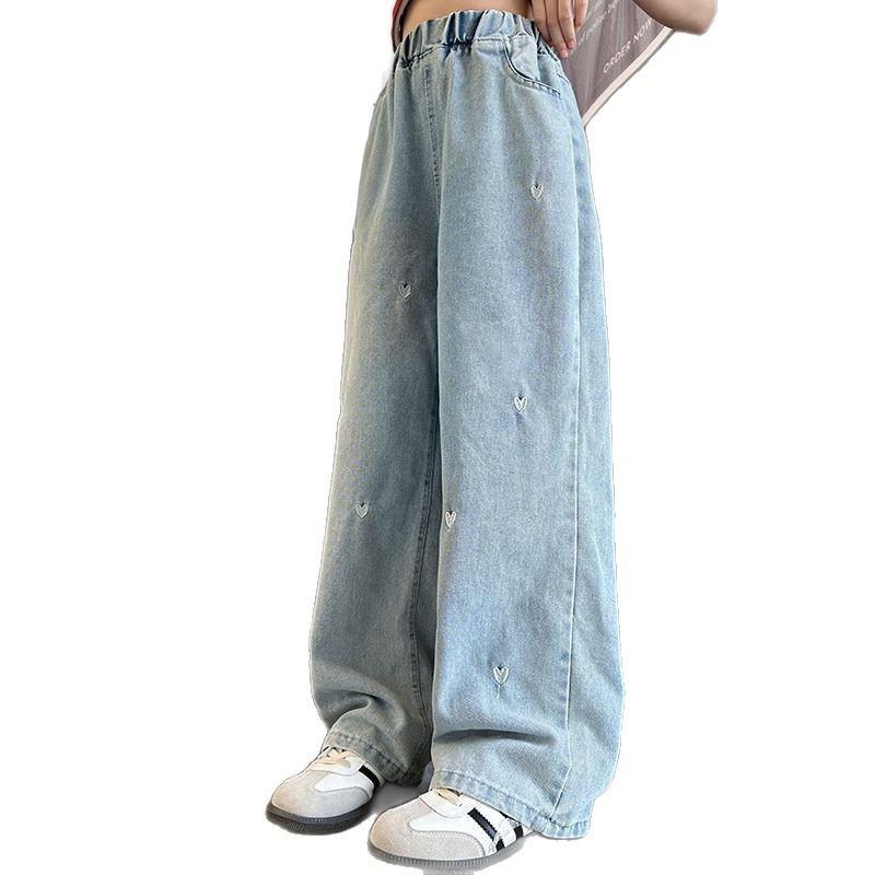 Girls' Embroidered Casual Wide-Leg Jeans for Spring & Autumn