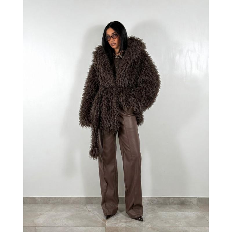 Womens Oversized Faux Fur Coat With Hood Longline Streetwear Winter Jacket In Beige Chocolate Wine Red