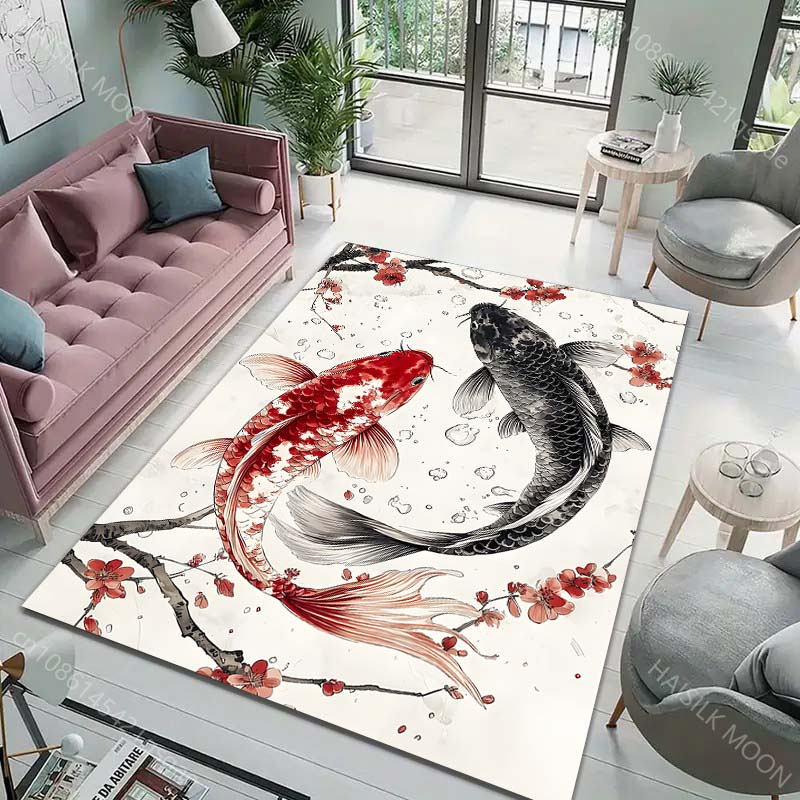 Multiple sizes Red and black koi with blossoms Carpet for Living Room Bedroom Sofa Home Decor Rug Non-slip Floor Mat Luxury Gift