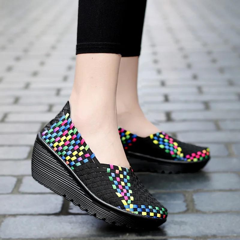 New Women's Plus Size 35-42 Women's Wedge Thick Soled Sports Shoes Fashionable Woven Hollow Women's Loafers Slip On Casual Shoes