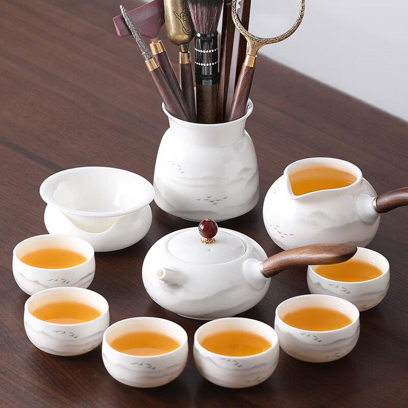 White Jade Ceramic Kung Fu Tea Set with Side Handle Pot