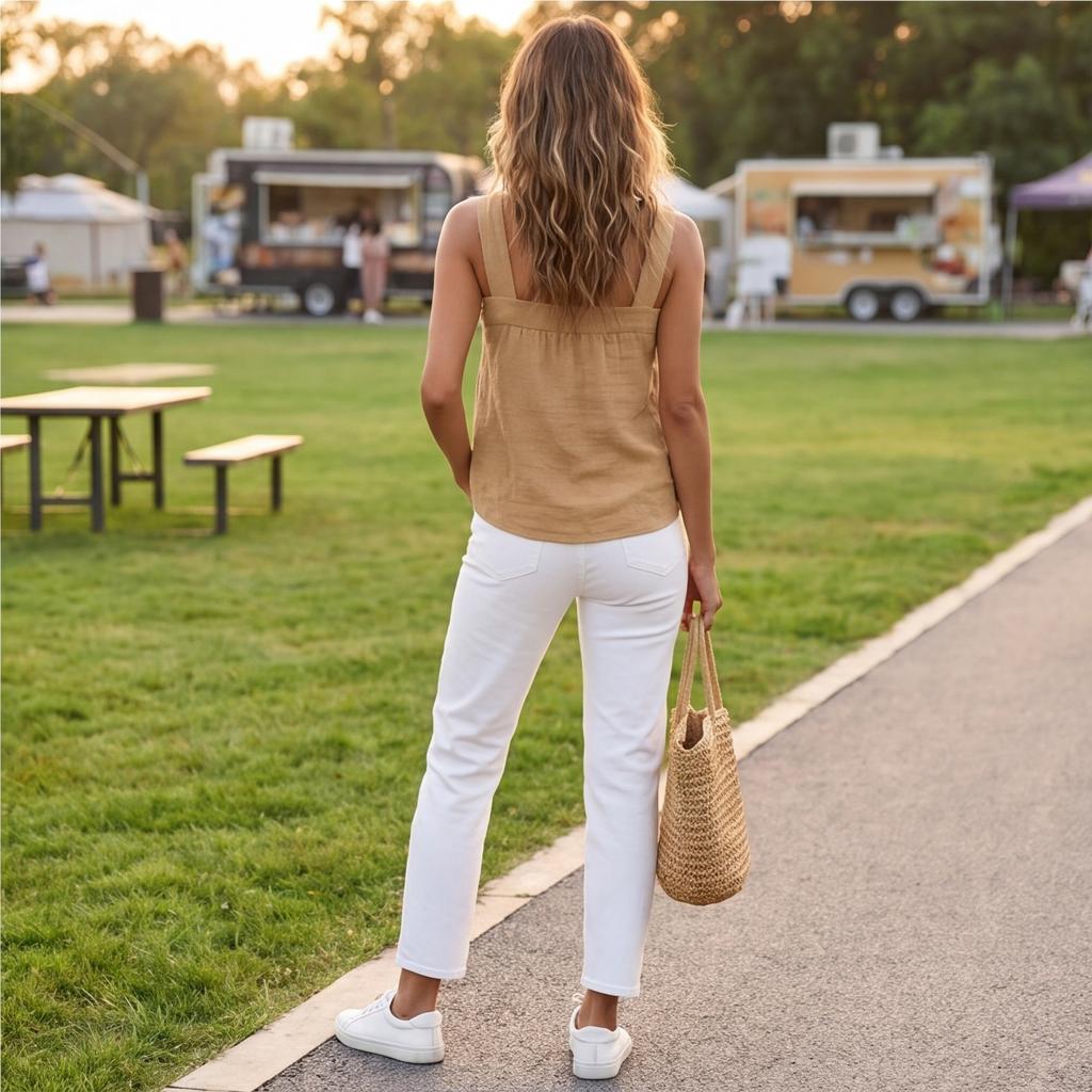 Women's Casual Sleeveless Tank Top Square Neckline Relaxed Fit Lightweight Fabric Summer Blouse with Front Tie Detail