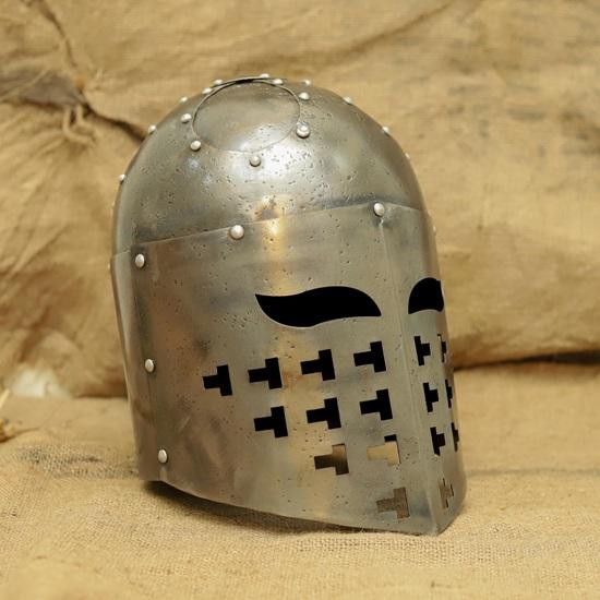 Weathered Steel Knight Helm  Medieval Crusader Cosplay Armor with Stand