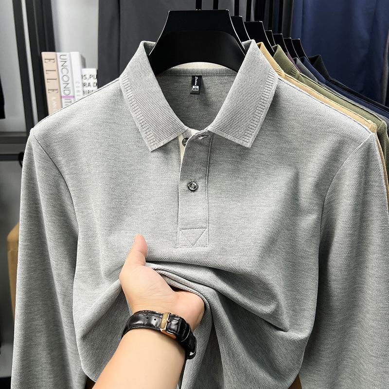 Cotton Long Sleeve Polo Shirt Men'S T-Shirt Loose Thin Breathable Versatile Fashion Premium Lapel Solid Color Men'S T-Shirt