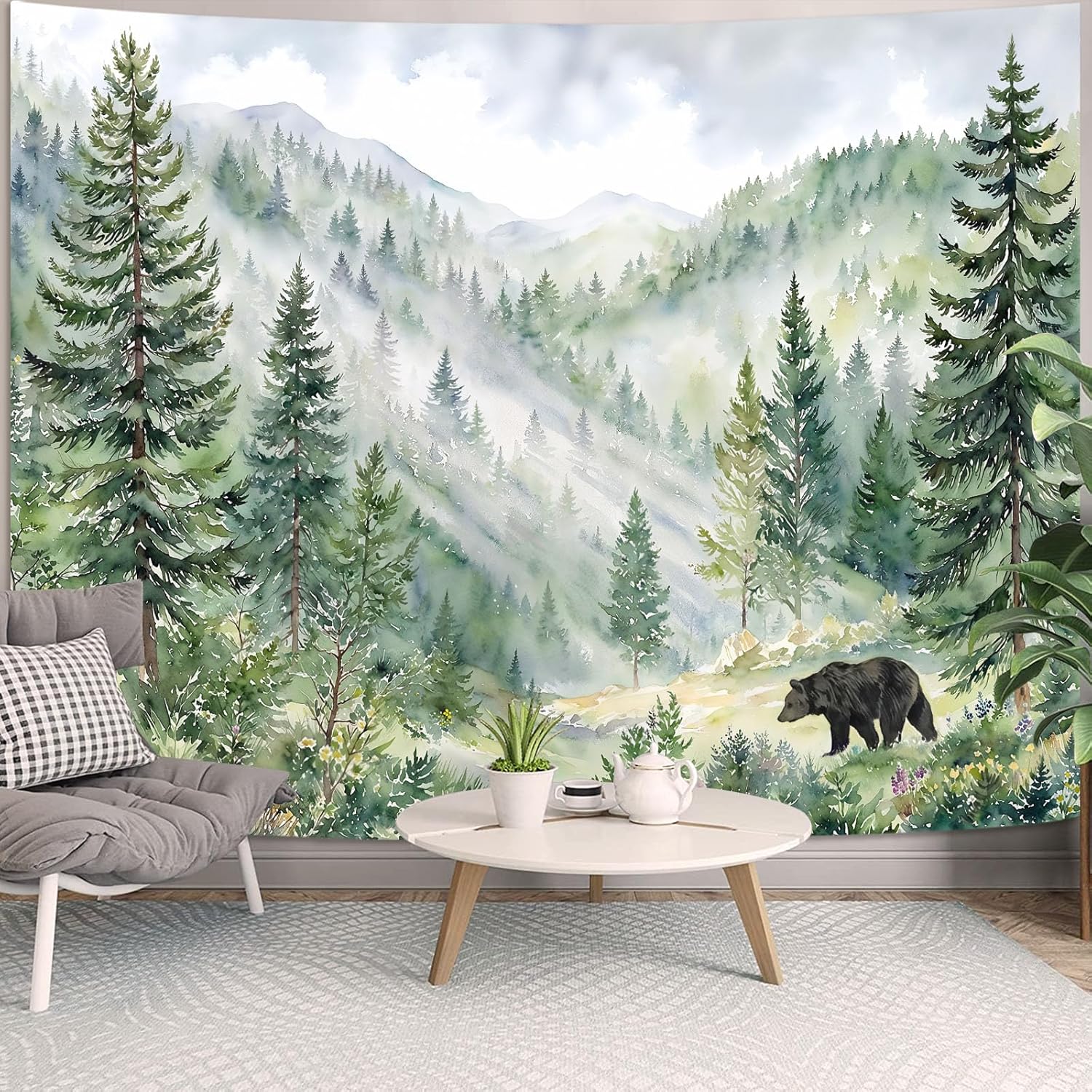 Jmg Household Supplies Unisex Mountain Forest Tapestry, Bear And Misty Foggy Watercolor Scenery Art Wall Hanging, Nature Scenery Tapestry For Bedroom Living