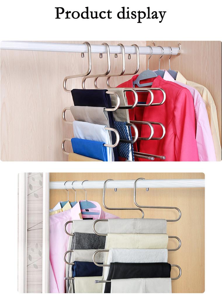 Stainless Steel S-shaped Hanger, Multifunctional Drying Pants Hanger for Household Use, Five Layer Non Slip Storage Pants Rack