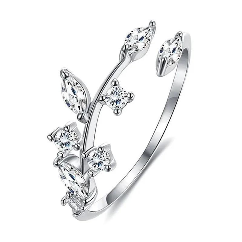 Simple Style Leaves Design Opening Rings with Marquise Round CZ for Women Stylish Wedding Party Accessories Fancy Gift