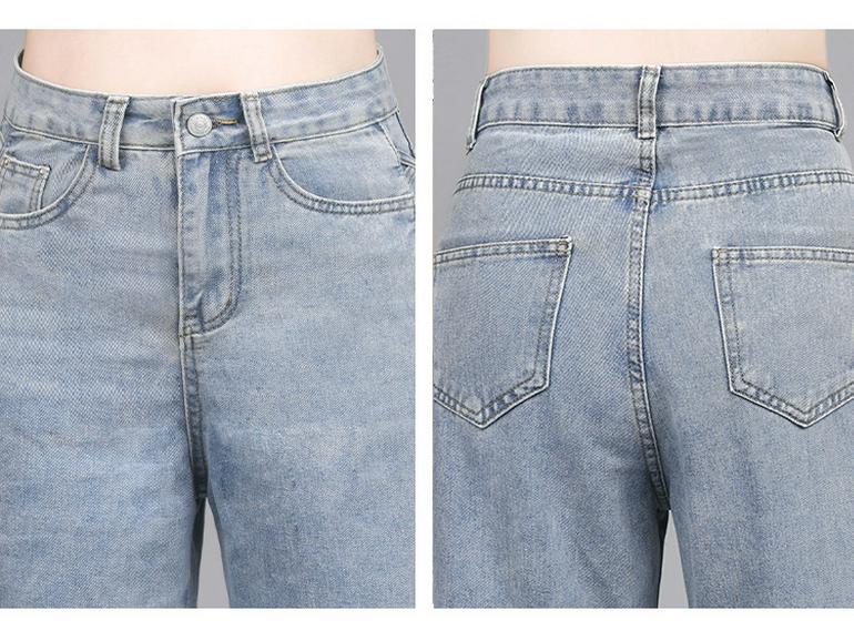 Women's Light Blue Summer Jeans - Stylish Design, Side Hollow, Straight Wide Leg