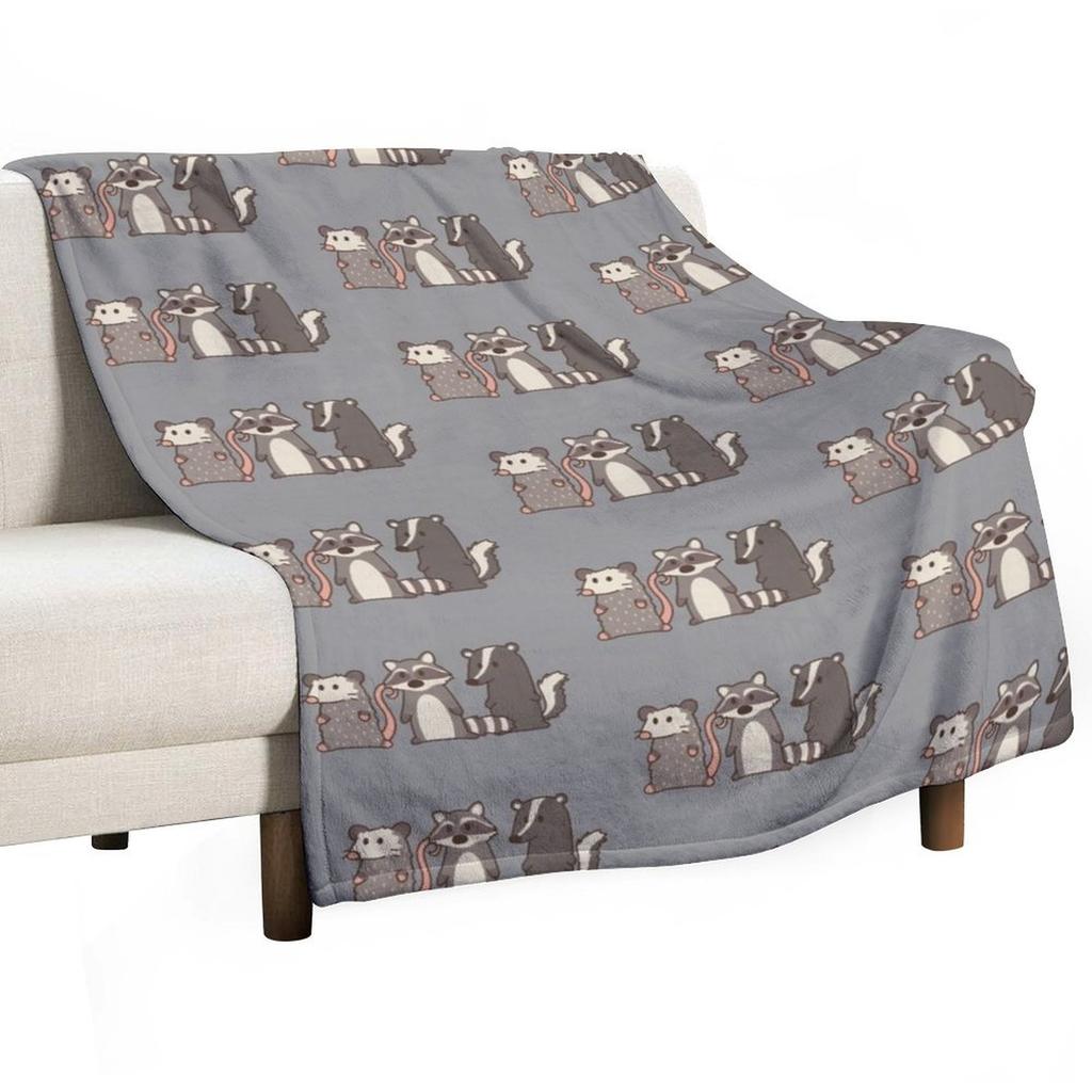 raccoon, opossum & skunk woodland friends Throw Blanket Luxury Bed linens Quilt Hairys Blankets