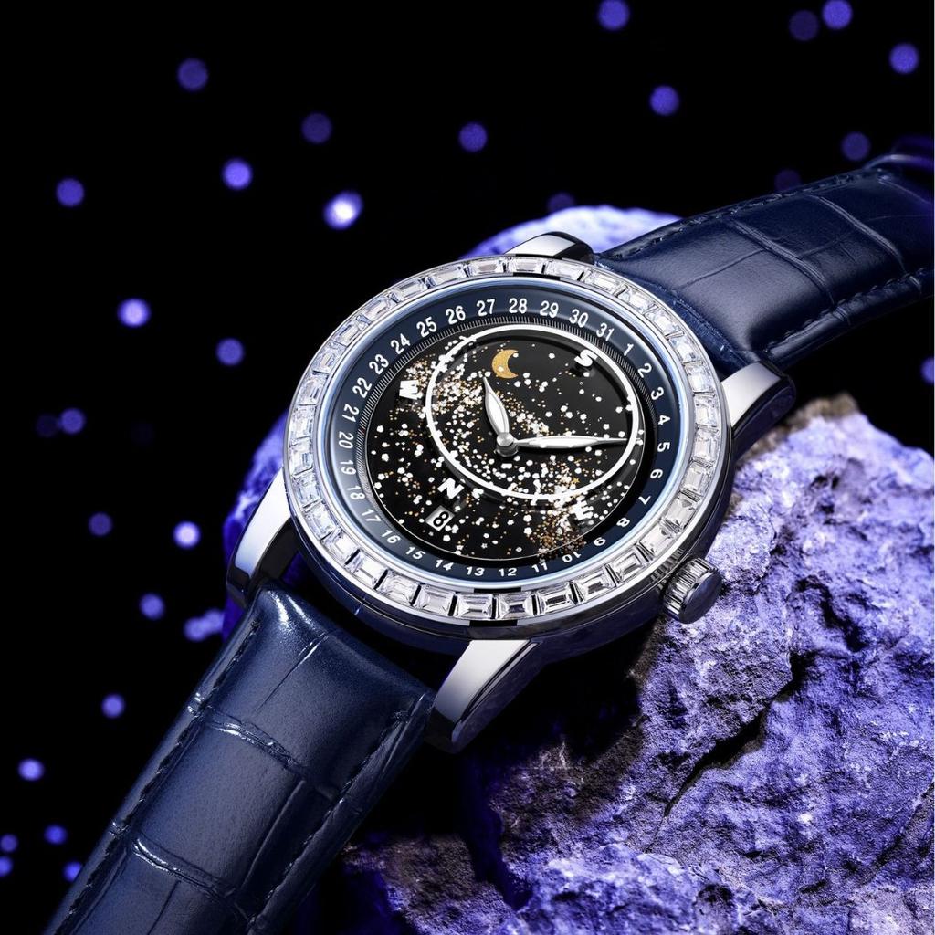 Rotating Gypsy Star Empty Disc Diamond Watch Men'S Fashion Sun Moon Star Waterproof Luminous Men'S Watch