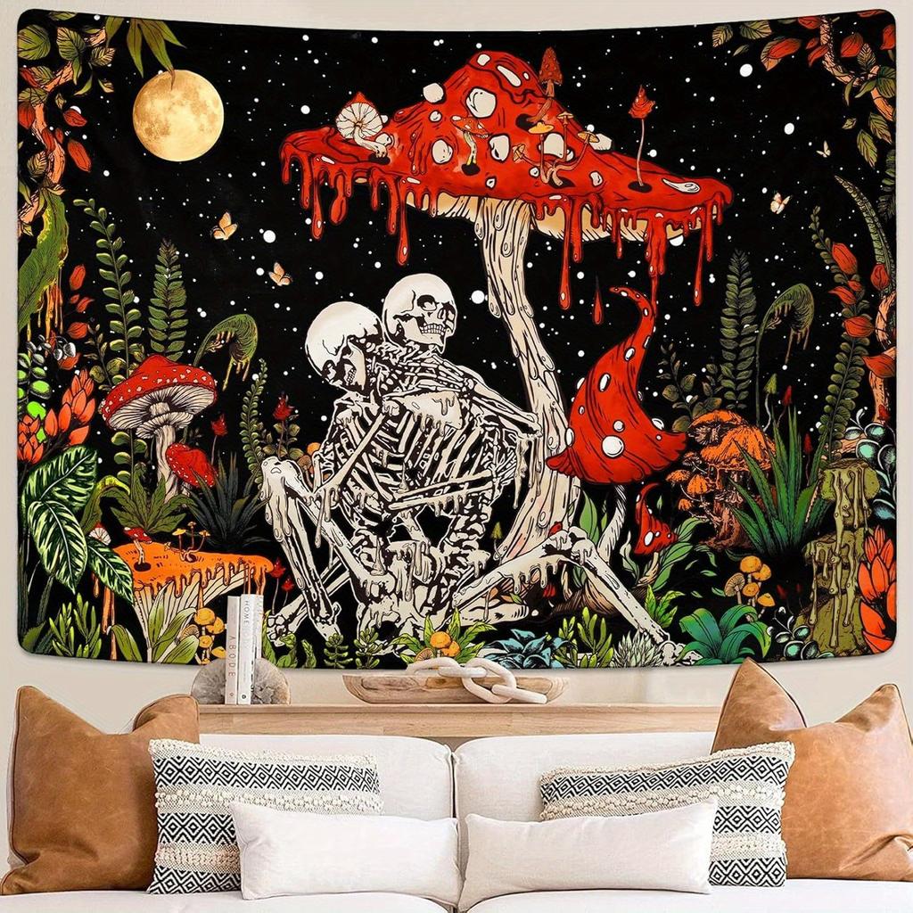 Whimsical Skeletons and Mushrooms Tapestry Perfect for Eclectic Decor Vibrant Wall Hanging Adds Charm