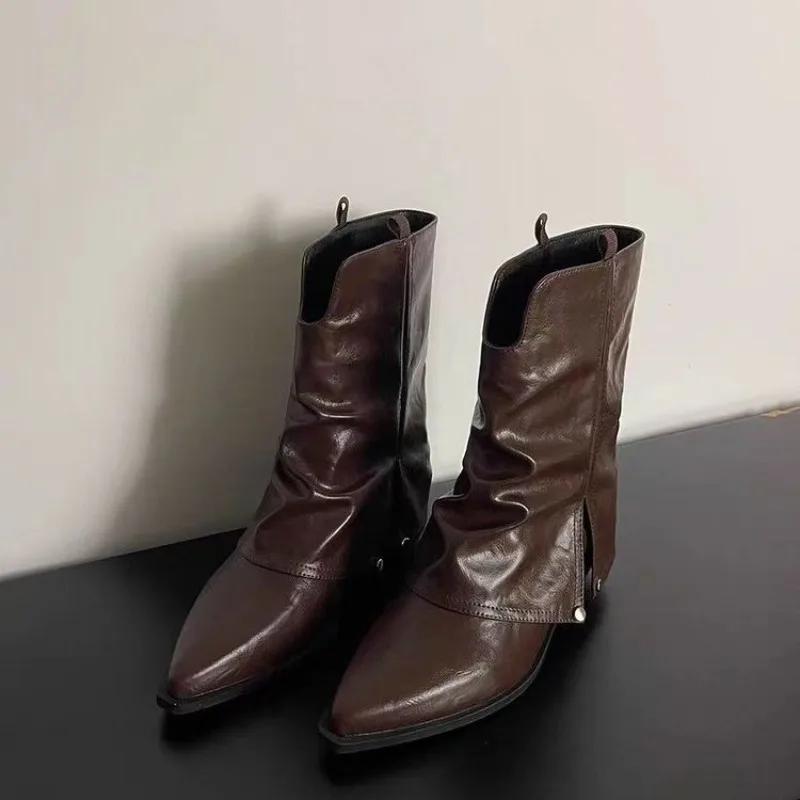 Fashion 2024 Solid Color Design Pointed Toe Square Heel Winter Tall Simple Office Women's Shoes Pleated Non-slip Winter Boots Zapatos