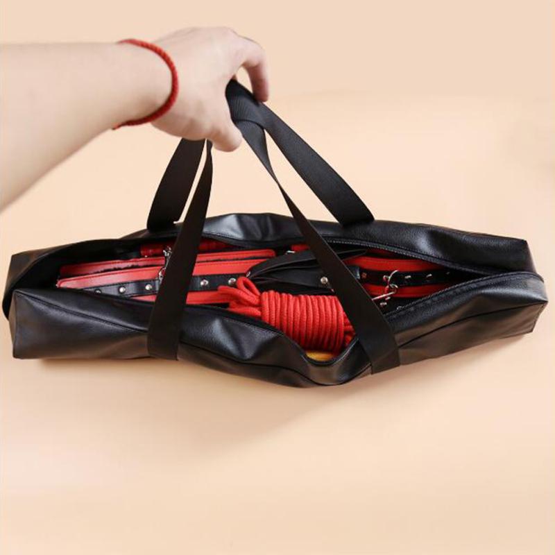Leather Travel Bag Sex Love Bondage Restraints Game Kit Adult Toy Handcuffs Whip Rope Large Capacity