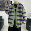 Stylish Patch Designs Knitted Cardigan Autumn Winter Contrasting Colors Striped Men's Clothing Young Style V-Neck Loose Sweaters