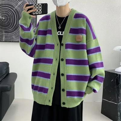 Stylish Patch Designs Knitted Cardigan Autumn Winter Contrasting Colors Striped Men's Clothing Young Style V-Neck Loose Sweaters