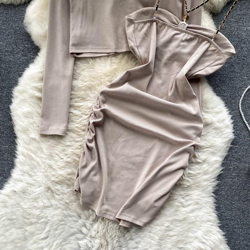 Autumn Small Fragrant Wind Retro Row Of Short Top + Hanging Neck Halter Wrap Hip Dress Two-Piece Set