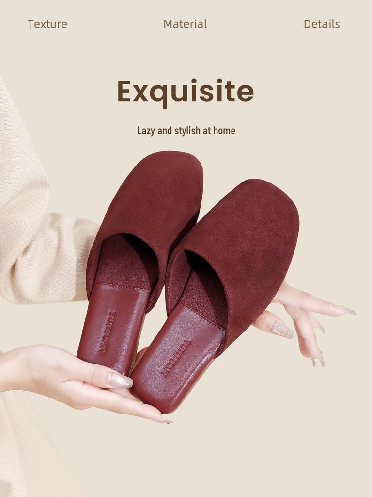 High-End Minimalist Genuine Leather & Suede Slippers - Non-Slip Sole, Unisex, All-Season Indoor Footwear