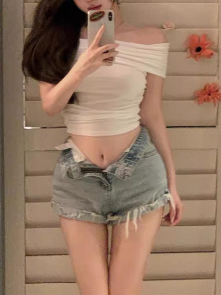 Summer Women Sleeveless  T Shirts Cotton Solid T-shirt Off Shoulder High Waist Crop Top Tee Female Casual T Shirt