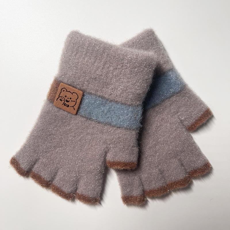 

Детские перчатки осень и зима теплые шерстяные вязаные милые плюшевые ученики начальной школы учатся писать новые перчатки без пальцев Length 14cm [Applicable to 5-15 years old] хаки