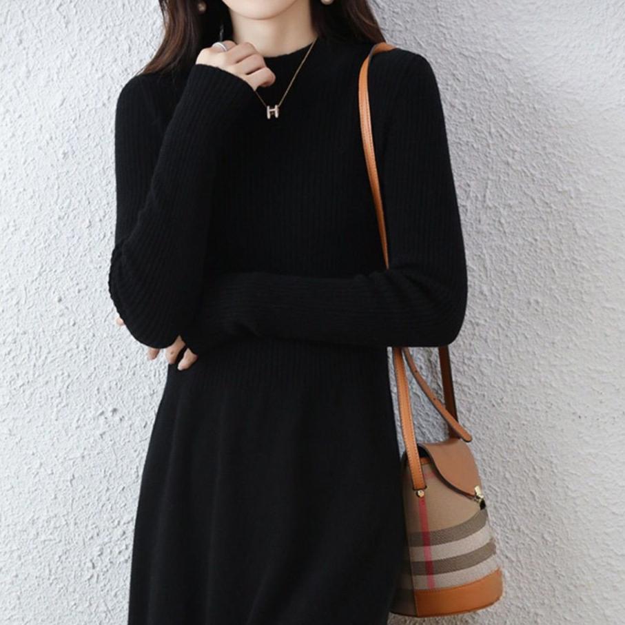 Autumn and Winter Knitted Dress for Women's Casual Mid-length Half Turtleneck Pullover Long-sleeved Sweater Dress