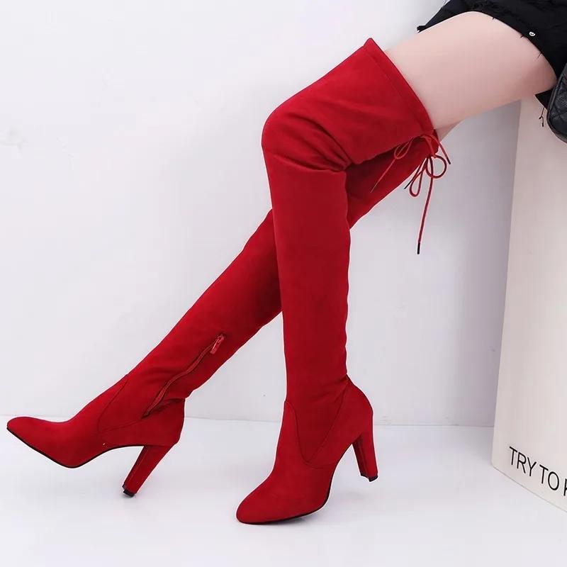 Women Over The Knee Boots Botas Mujer Invierno New Woman In Stretch Fabrics High Heel Slip On Shoes Pointed Toe Long Botte Femme
