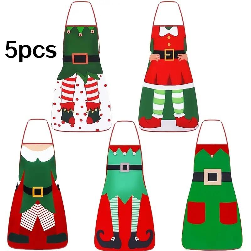 

A Set of 5 Random Color Christmas Aprons, Santa Claus Dress-Up Decorative Aprons, Suitable fortmas, Halloween, or Thanksgiving Party Gifts