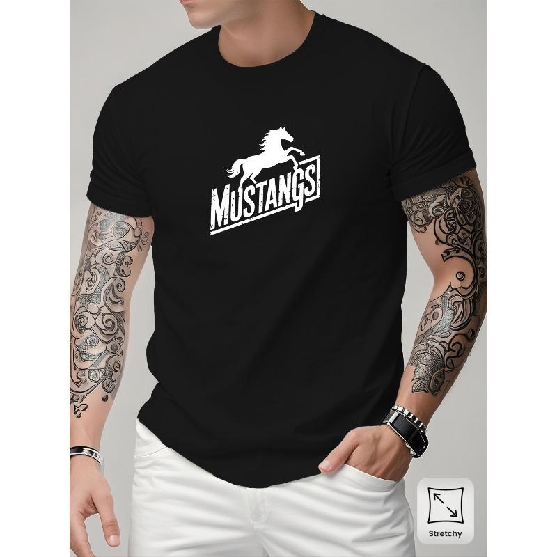 European Size Men's Casual Sporty Fashion Short-sleeve T-shirt with a Creative MUSTANGS Graphic Print, Featuring Stretchy and Comfortable Fabric