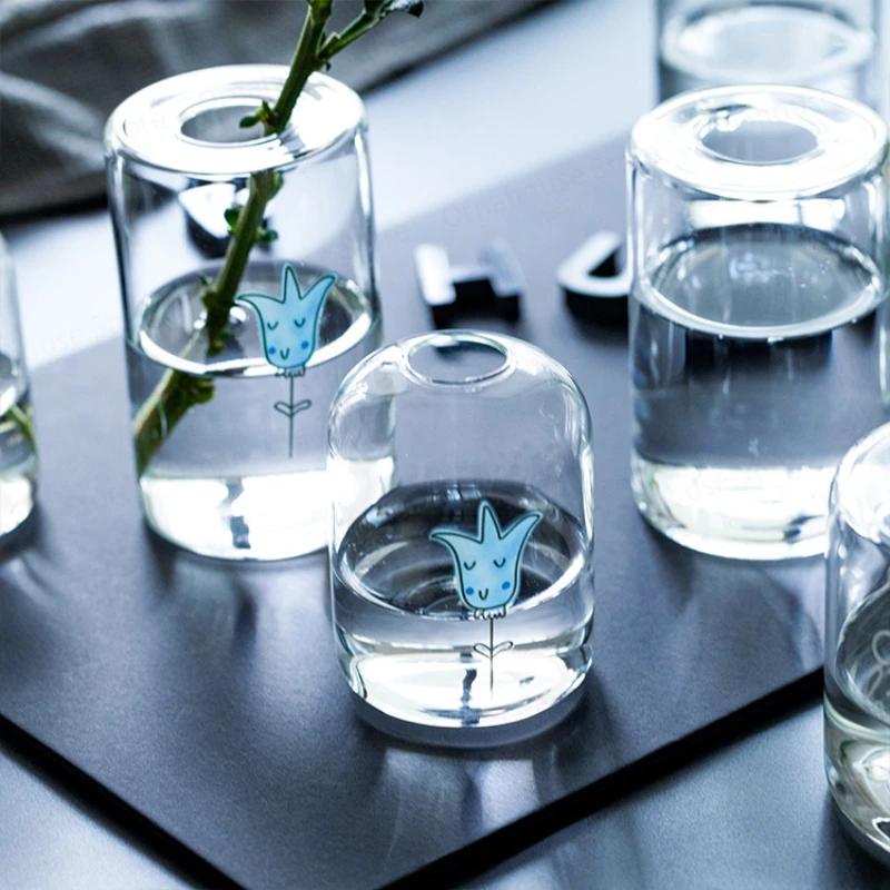 New Minimalist Printed Small Hole Glass Flower Vase Transparent Hydroponic Hydroponic Flower Arrangement Handicraft Decoration