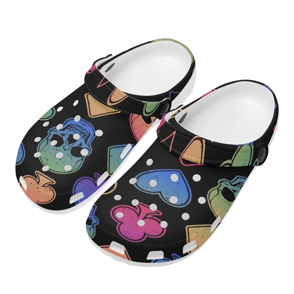 White EVA Clogs with Neon Heart Print, Lightweight Slip On Garden Shoes, Breathable Beach Sandals, Indoor Outdoor Slippers for Men Women
