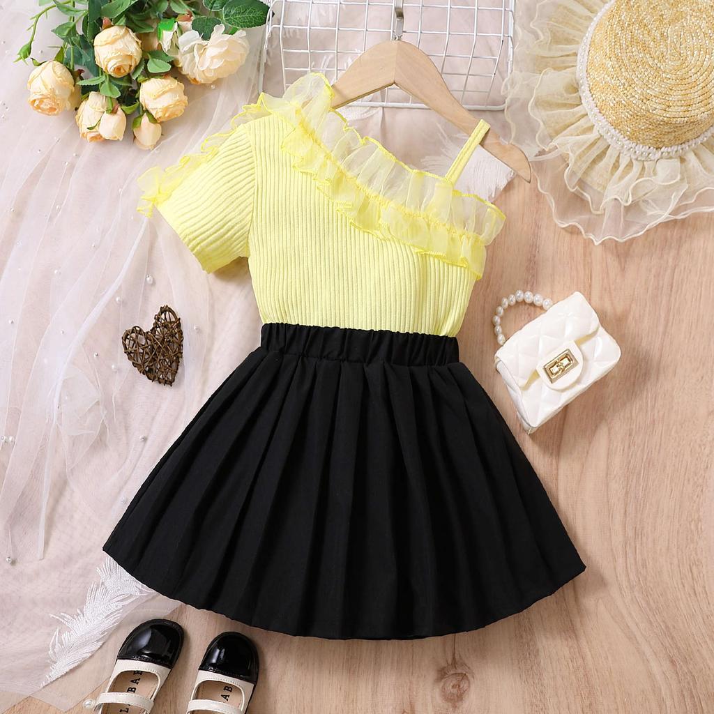 Girls Fashion Set Spring Summer Children's Casual Oblique Shoulder Strap Splicing Mesh Lace Short Sleeve Pleated Skirt Two Sets