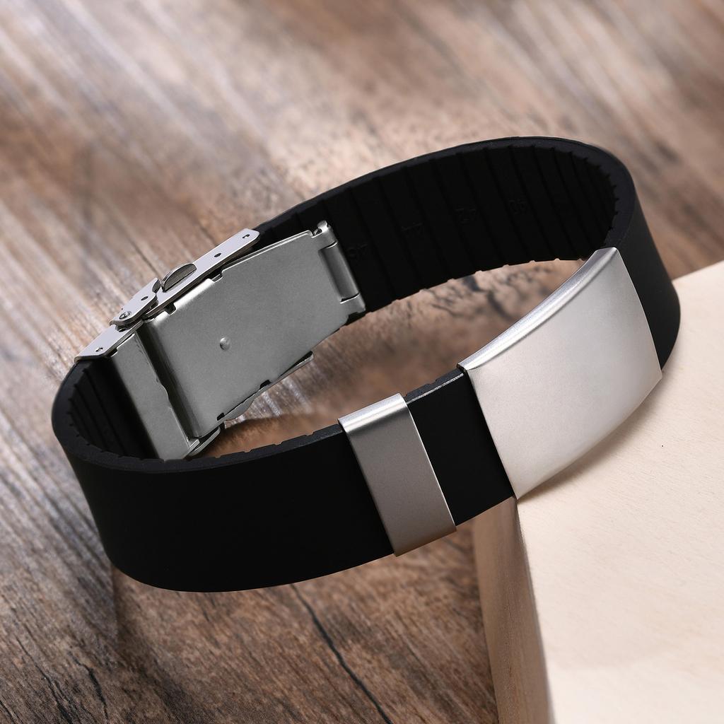 Custom Engrave Blank ID Bracelets for Women,Casual Silicone Wristband with Stainless Steel Medical Logo Tag,Length Adjustable