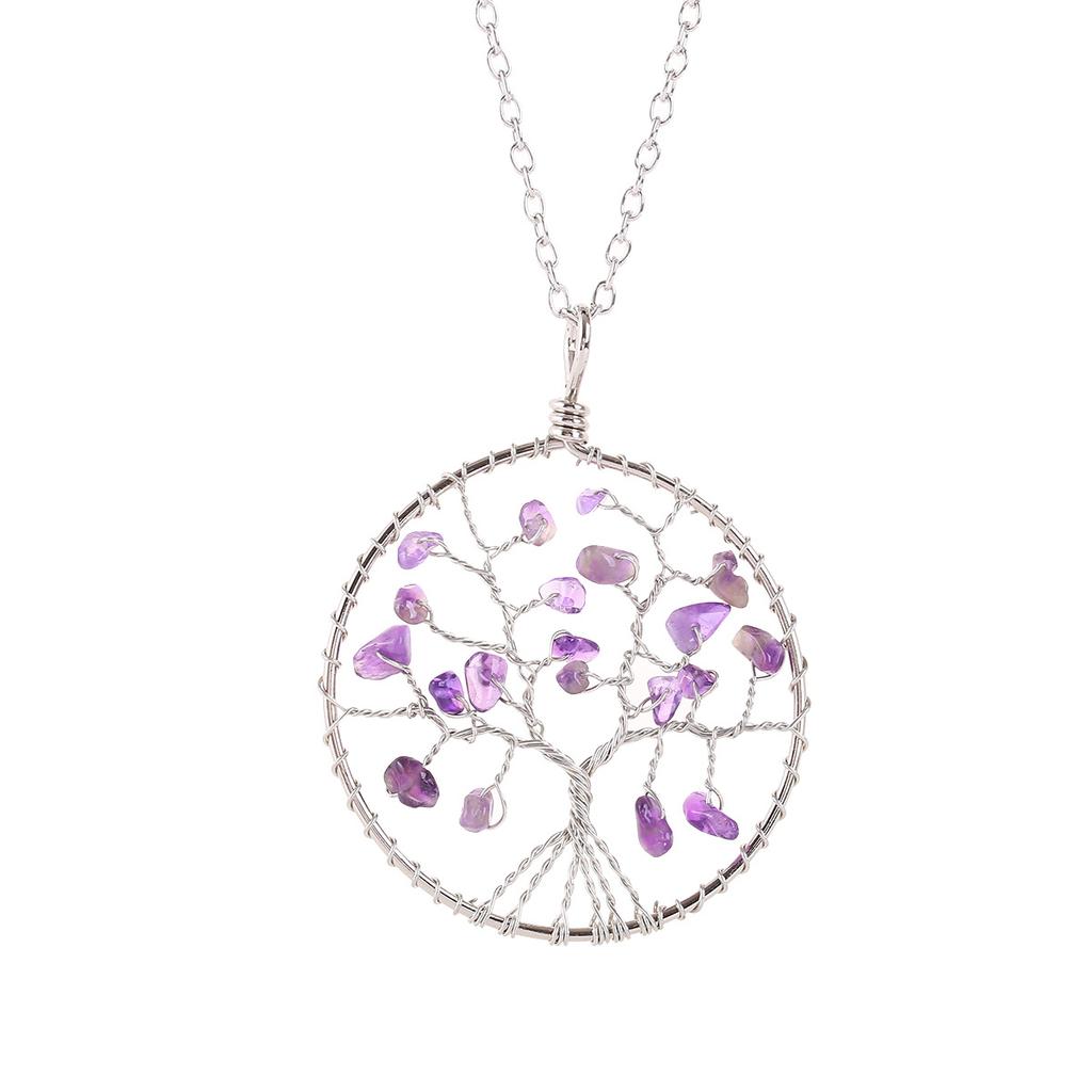 Handmade Wrapped Silver Silk Natural Crystal Gravel Wrapped Tree Of Life Fruit Tree Pendant N94