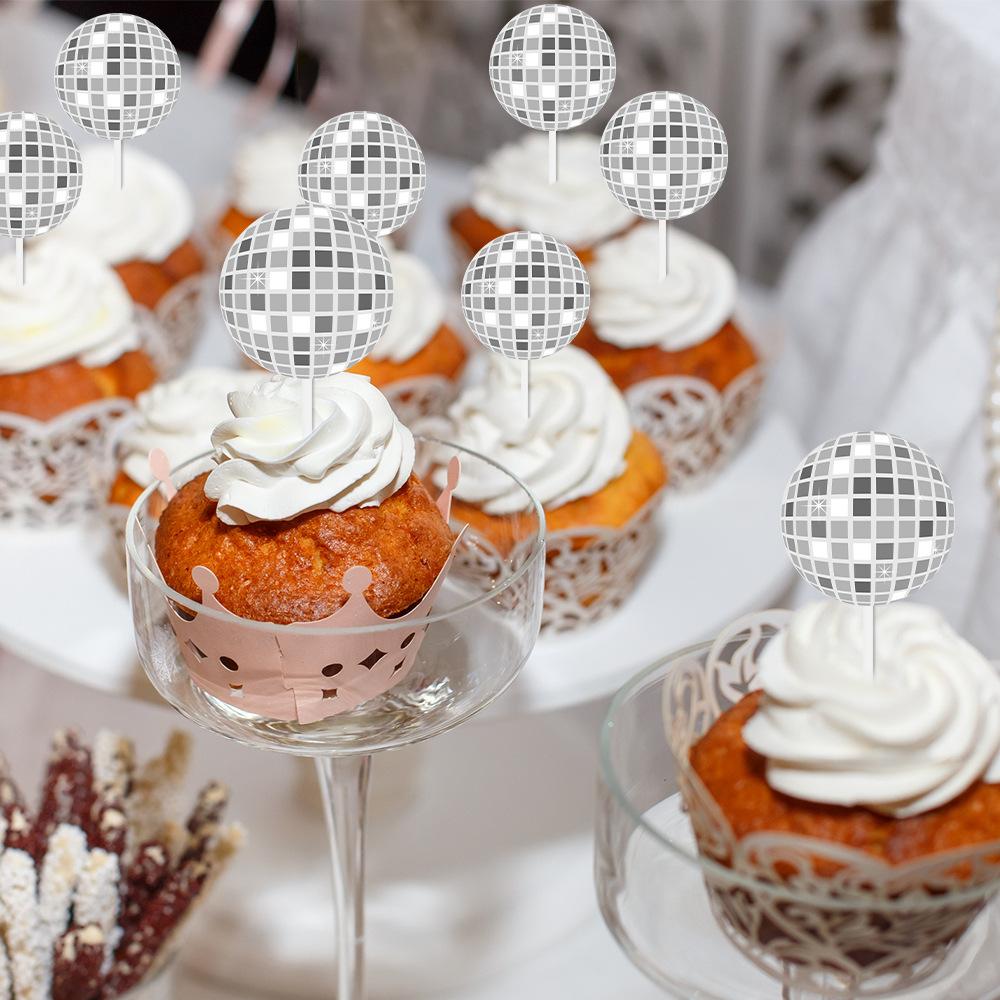 12/24pcs Glitter Mirror Disco Ball Cake Toppers 1970s Silver Ball Cake Picks Disco Theme Dance Birthday Bachelorette Party Decor