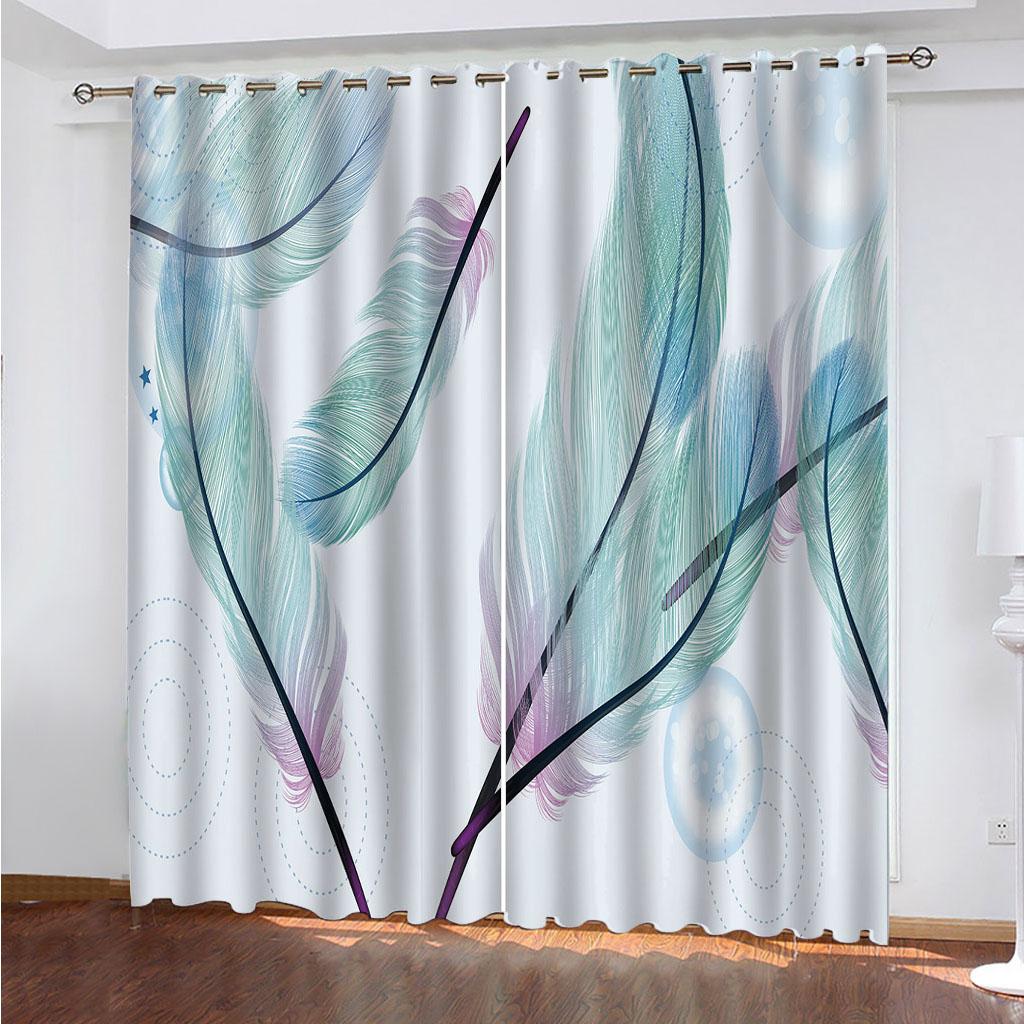 Curtain For Kids Room 3D Feather Print Bedroom Curtains Set, Curtains For Living Room Window Treatment Drapes 2 Pieces