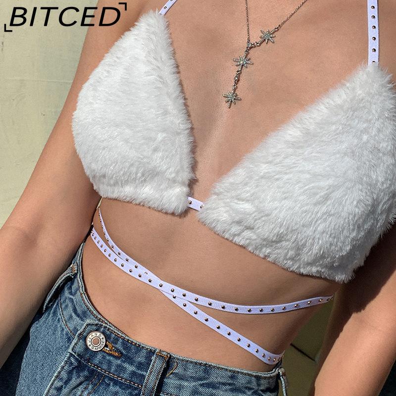 BITCED Spring/Summer Women's Versatile Solid-Colour Fleece-Lined Halter Neck Tie-Front Sexy Bandeau Top