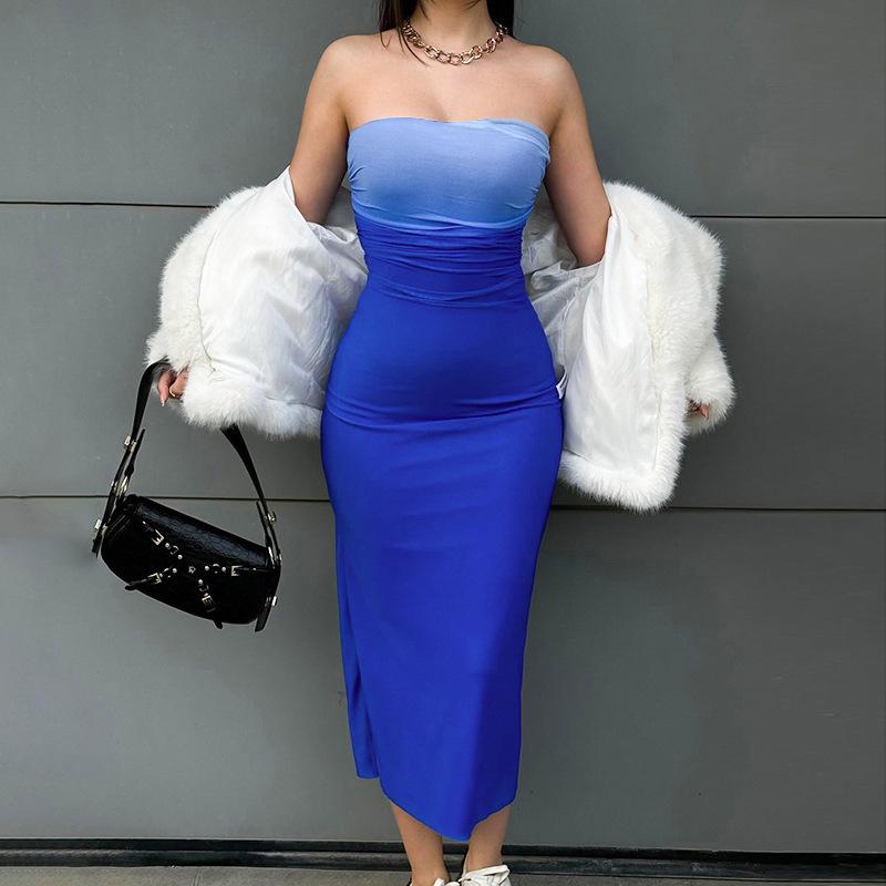 Ladies' Slim Fit Strapless Gradient Medium Length Dress