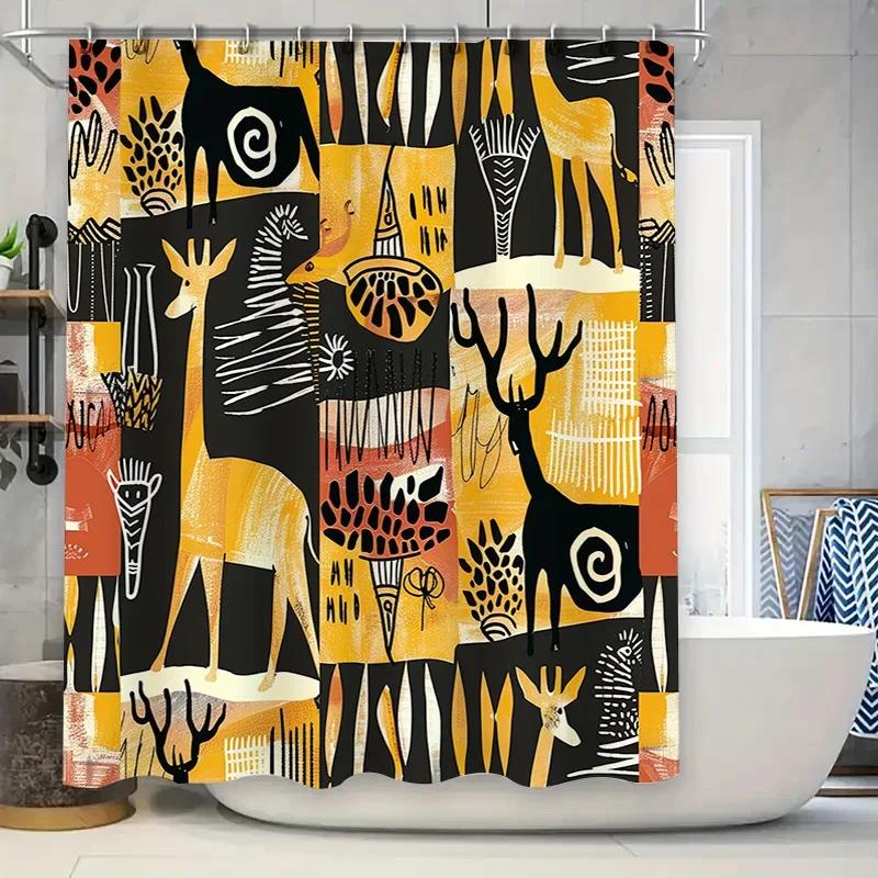 Stylish Animal Print Shower CurtainBlack Yellow Tribal Design for Bathroom Decorations Easy Install, Waterproof Fabric #Bathro